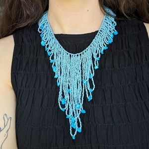 Vintage Turquoise Blue Beaded Waterfall Bib Necklace